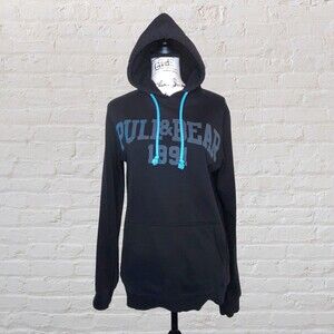 Pull & Bear Spell Out Hoodie Black/Blue Small Factory Distress Streetwear